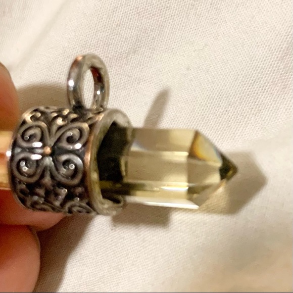 Double Point Pendant with Silver Toned Fitting Carved Amulet - Picture 5 of 6